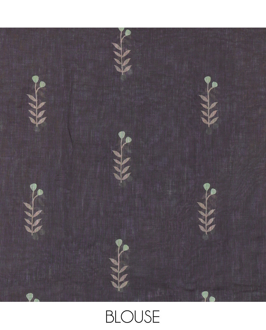 Borderless Olive Green Linen Cotton Saree, Adorned with Leaf Print, a Contrast Leaf-Printed Pallu, and Contrast Blouse