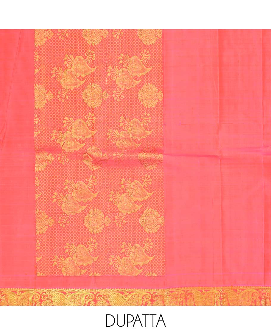 Green floral buttas pure silk half saree with contrast zari border,  contrast zari design blouse & plain with zari border dhavani
