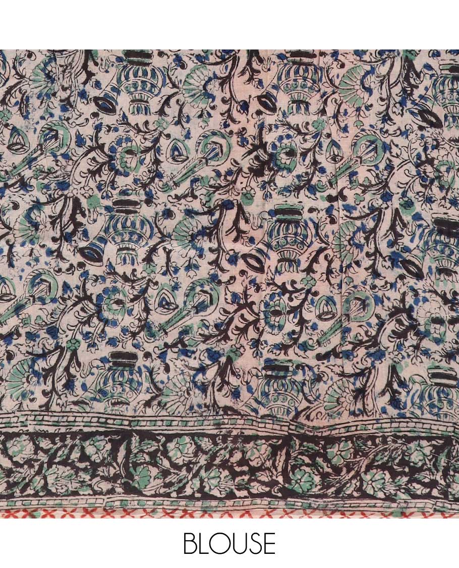Multi-color intricate design machine-printed kalamkari cotton saree with contrast floral border & floral, peacock design pallu