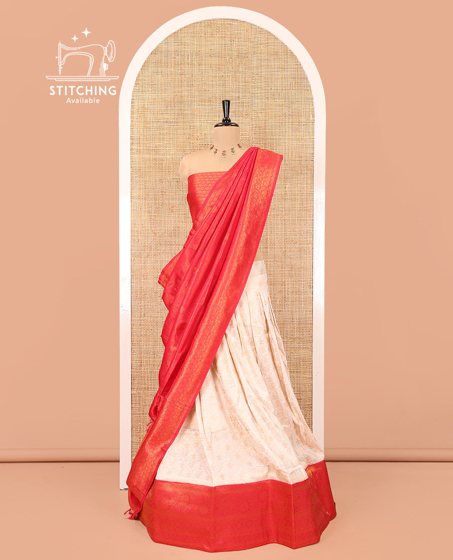 Cream-Red Banarasi Softy Half-Saree, Adorned with Jacquard, Contrast Traditional Border, Jacquard Blouse, Intricate Dhavani