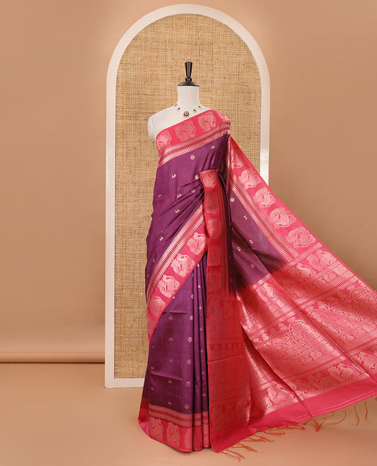 Magenta temple & rudraksham motifs fancy tussar saree, contrast traditional zari peacocks border, pallu of peacock & mughal floral design, & contrast zari blouse