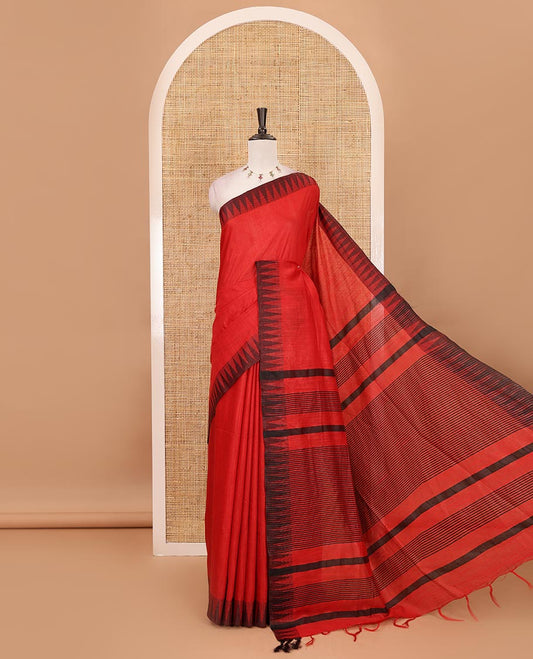 Red plain stable staple cotton, contrast temple border, striped pallu & vertical striped blouse