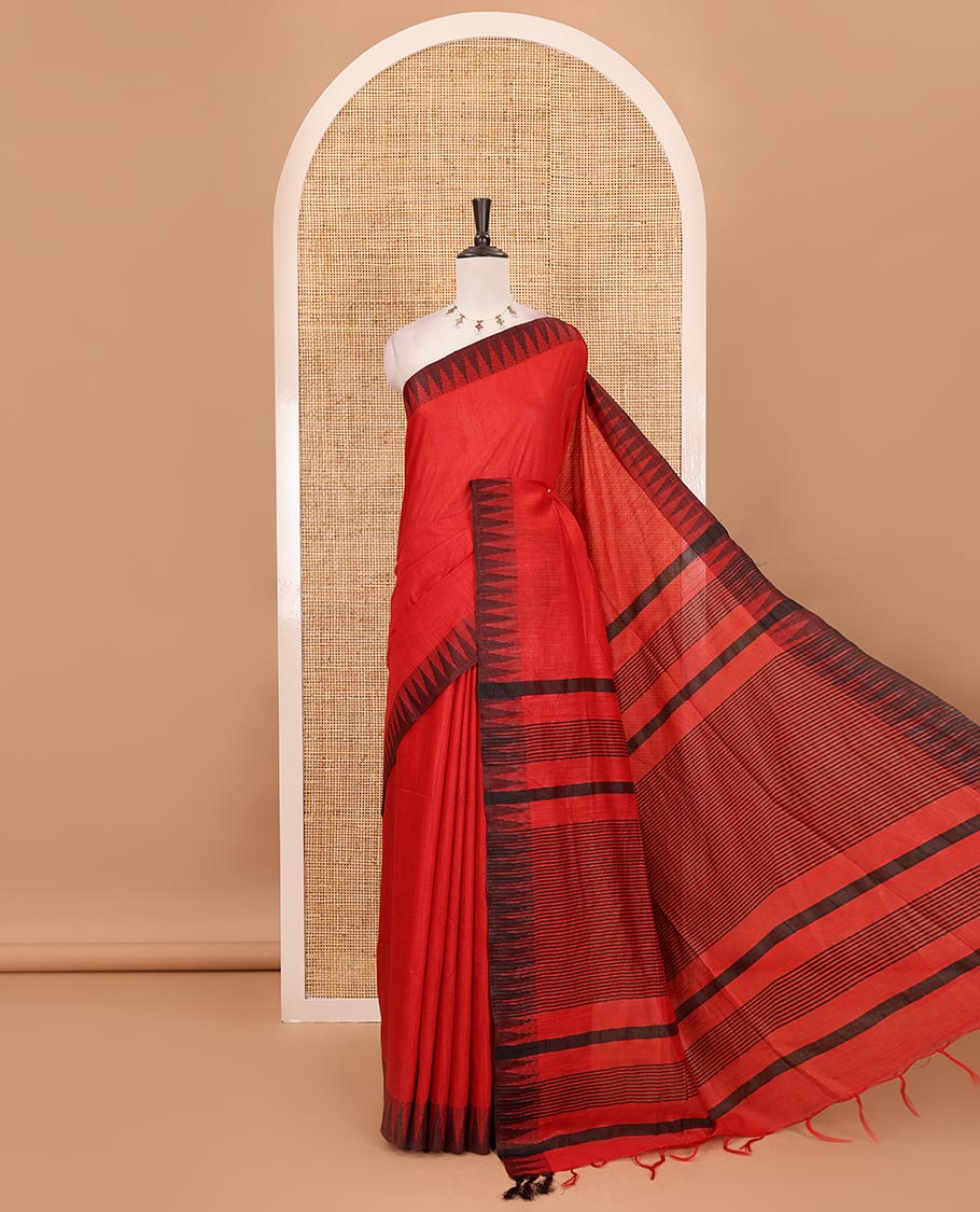 Red plain stable staple cotton, contrast temple border, striped pallu & vertical striped blouse