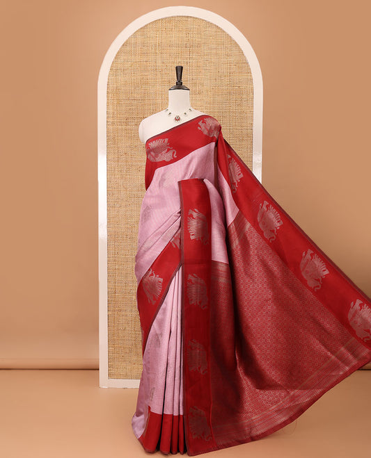 Pink zari checked & elephant motifs woven kanchi silk saree, contrast korvai-style border of elephant motifs, intricate pallu & plain blouse