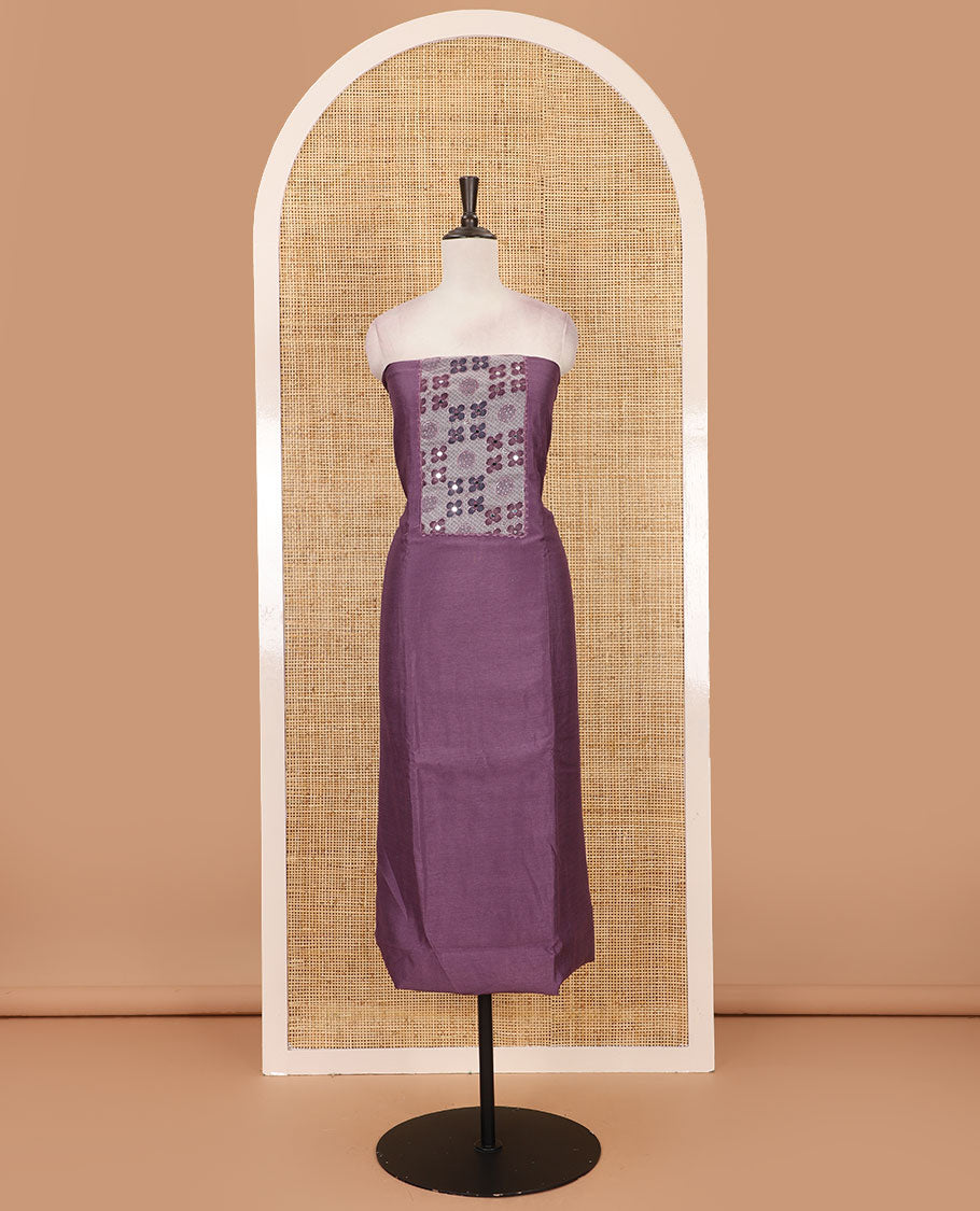 Lavender Vichitra silk material chudidar set, brasso print & mirror embroidered neck work top, santoon bottom & four-petal floral motifs printed dupatta