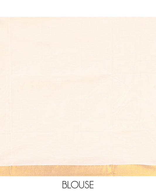 Cream Kerala Saree, Elevated with Zari Buttas on Its Body, Subtly Sparkled Bavanji Border, Pallu Woven in Zari Floral Designs, and Paired with a Matching Blouse