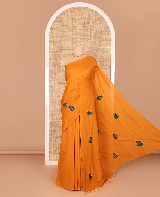 Borderless mustard pear fruit-shaped patchwork South cotton saree with a matching blouse and a contrast paisley vine printed blouse