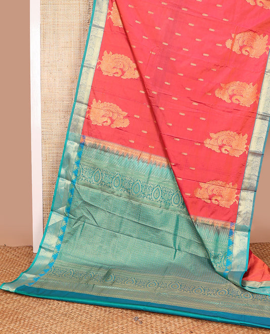 Red motifs gift saree with contrast zari design border & jaal design pallu
