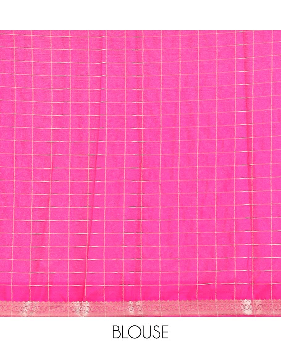 Pink checked art mysore silk saree with self zari border & striped zari pallu