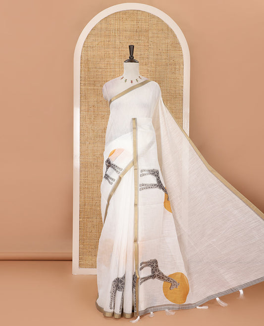 White plain & giraffe motifs printed linen cotton saree, zari piping border, giraffe printed pallu & vertical striped blouse