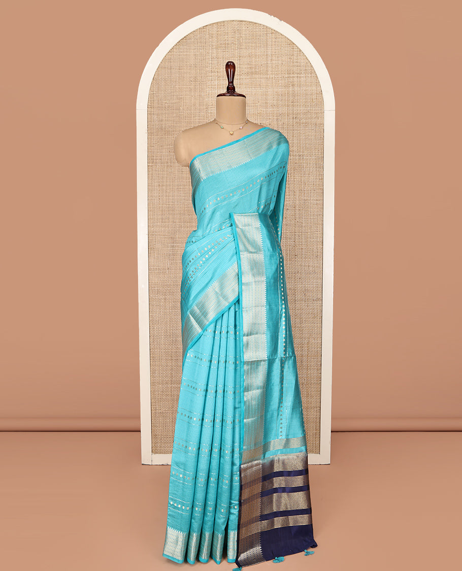 Blue Semi-Banaras Dupion Saree, Finely Crafted with Buttas and Stripes, Traditional Border, Complemented by Contrast Zari Striped Pallu, and a Contrast Blouse