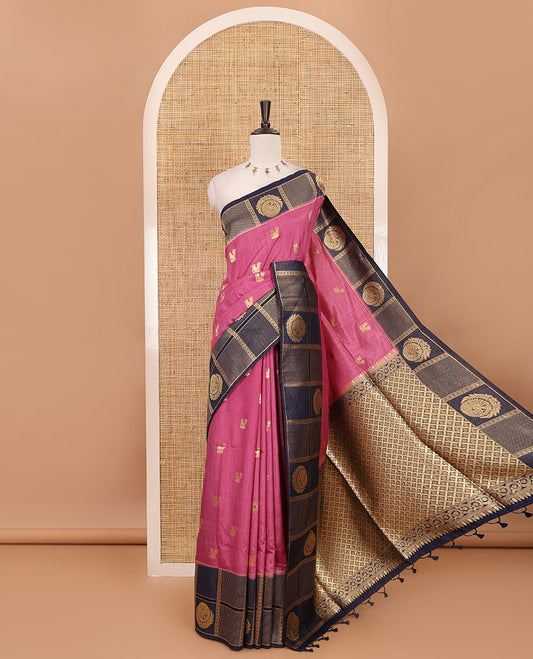 Onion pink peacock buttas dola silk saree, contrast kanchipuram-style traditional zari border, zari pallu & contrast zari border blouse