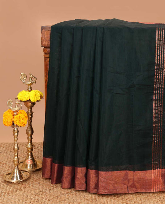 Bottle green silk cotton saree with zari bawanchi border & chit pallu along with plain blouse