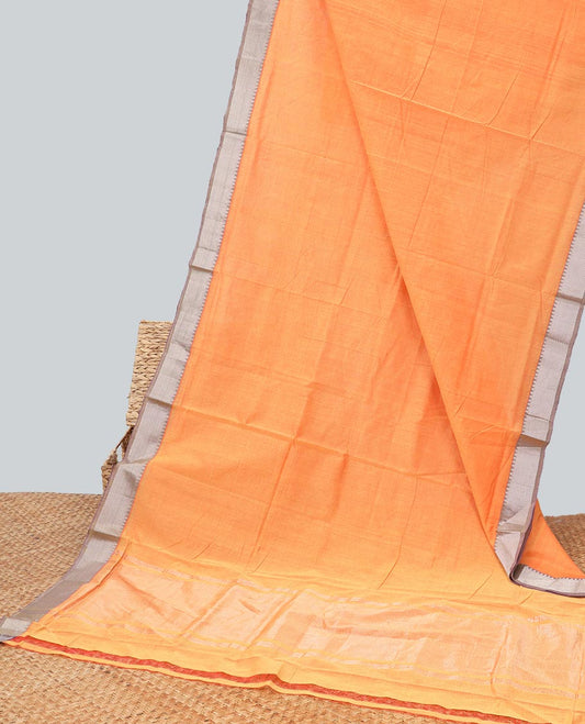 Orange mangalagiri cotton saree with contrast striped, temple border & striped pallu