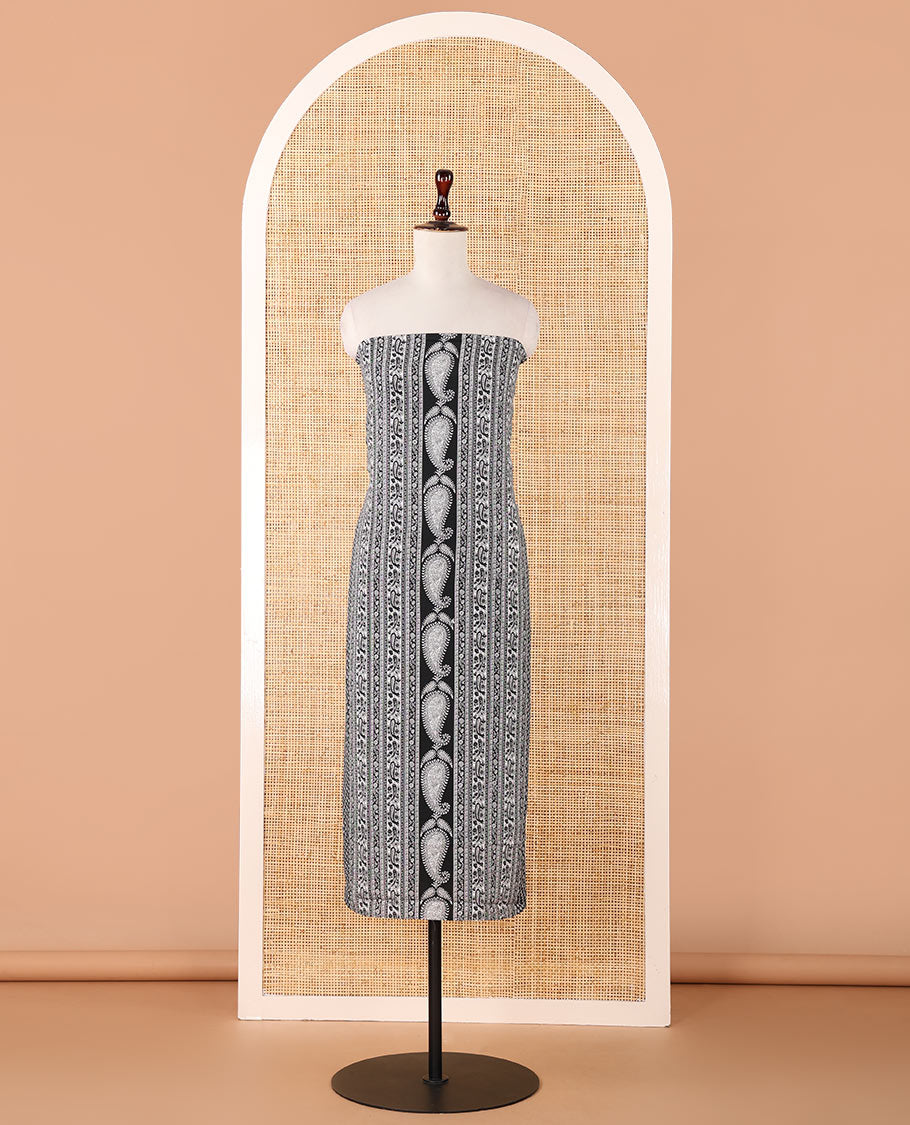 Black & white chudidhar material,floral & paisley printed Italian crepe top,plain crepe bottom & paisley printed georgette dupatta