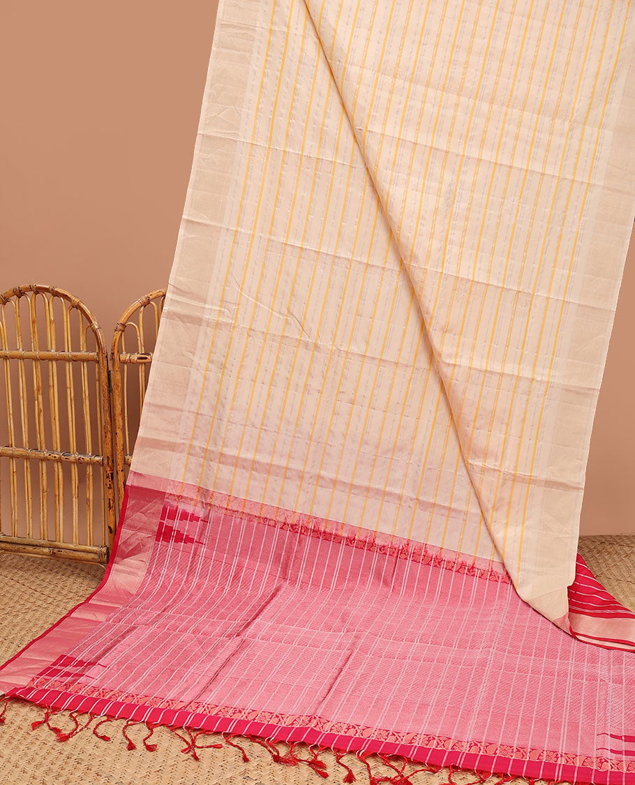 Cream striped soft silk saree, zari border & contrast pallu of stripes