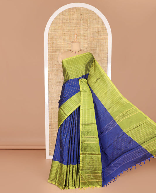Royal blue Vaira Oosai patterned semi-soft silk saree, contrast double-sided zari woven big border, striped pallu, and a double-colored plain blouse