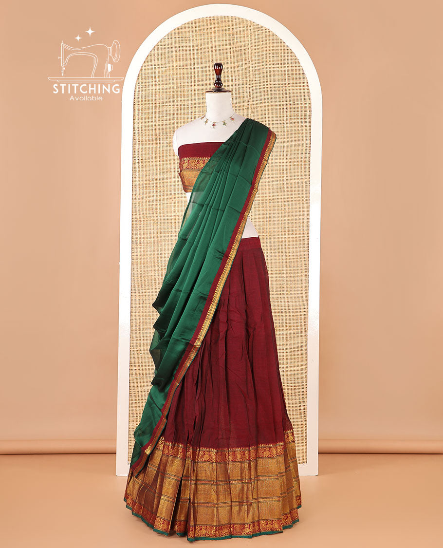 Maroon mercerised cotton zari border half saree with cotton blouse &amp; skya georgette one side zari border dhavani