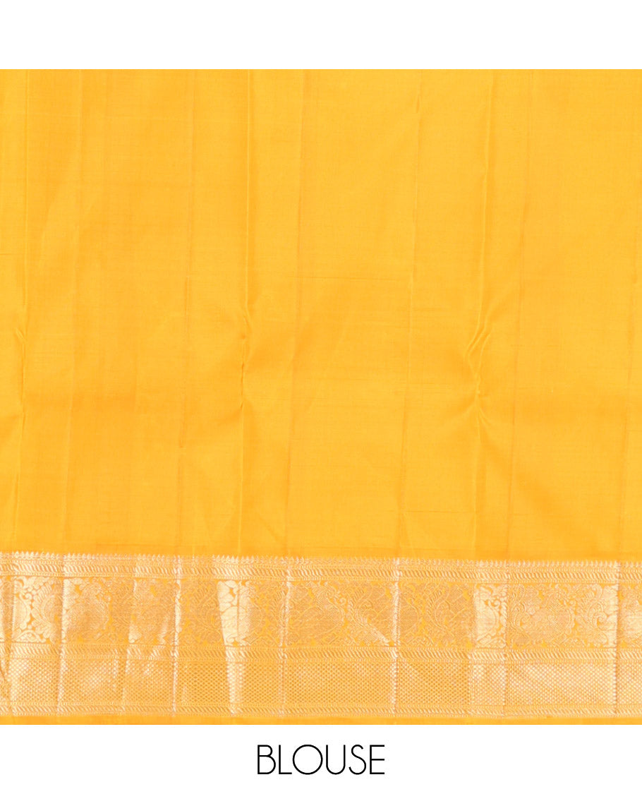 Red zari buttas Kanchipuram korvai silk saree, contrast neer korvai border of thilakam mokku, muthu, puli nagam, mayil and kuyil kann designs, and pallu of puli nagam designs