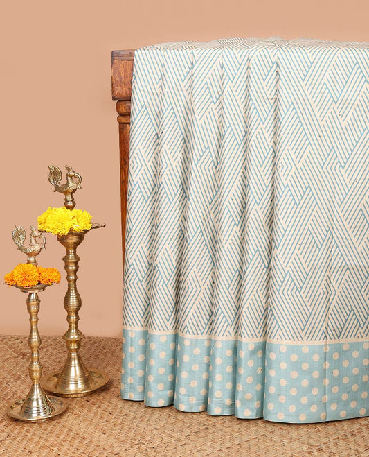 Rama blue geometrical print, zari butta fancy tussar saree with polka dot border & polka dot pallu along with polka dot blouse