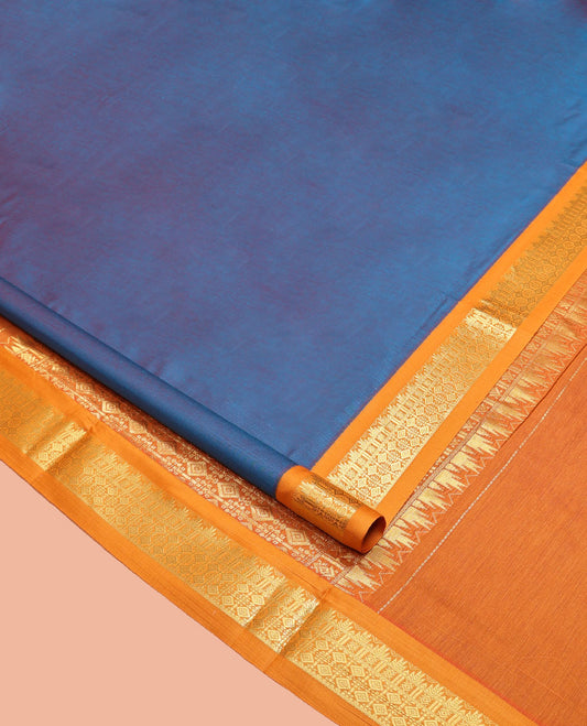 Blue Plain Nine-Yard Art Silk Saree, Complemented by a Contrast Traditional Zari Design Border, Gandly Zari Decked Up Pallu, and Comes Without a Blouse