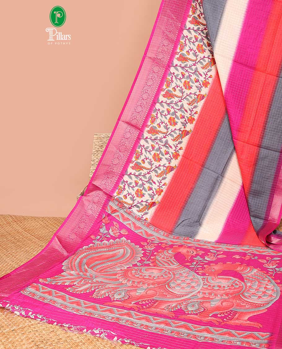 Multi color zari checks , kalamkari printed dola silk saree with jacquard zari border & kalamkari design pallu along with kalamkari blouse