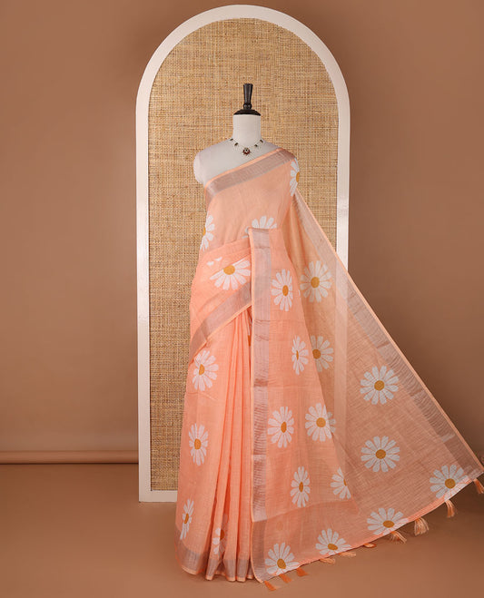 Peach sunflower motif printed linen saree, silver zari plain border & small sunflower motif print blouse