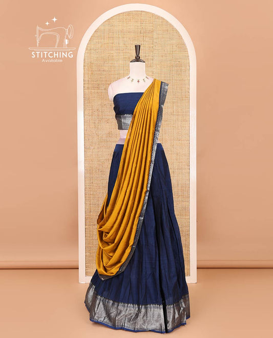 Navy blue-mustard Mercerised cotton half-saree, plain & contrast temple geometric border skirt, matching blouse & contrast zari border Vichitra silk dhavani