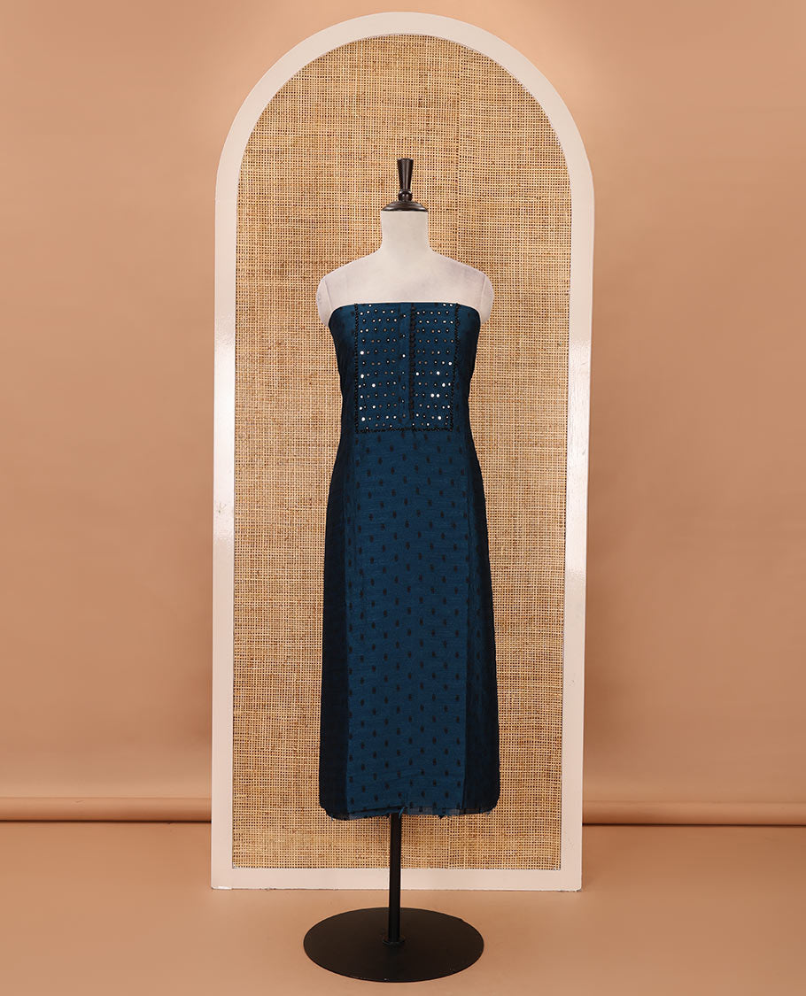 Blue material chudidar set, black beads & mirror neck embroidered with buttas woven vichitra silk top, santoon bottom & contrast mirror work chiffon dupatta