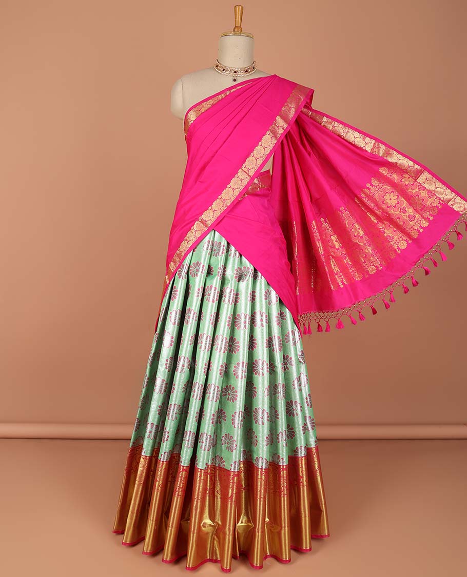 Green floral buttas art-silk half saree, contrast traditional zari border,zari design blouse & floral design dhavani