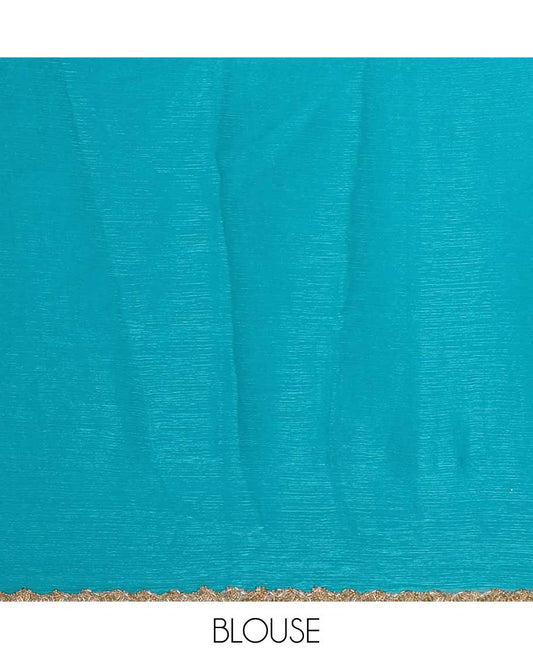 Rama blue fendy chiffon saree with hand work border & self pallu along with hand work blouse