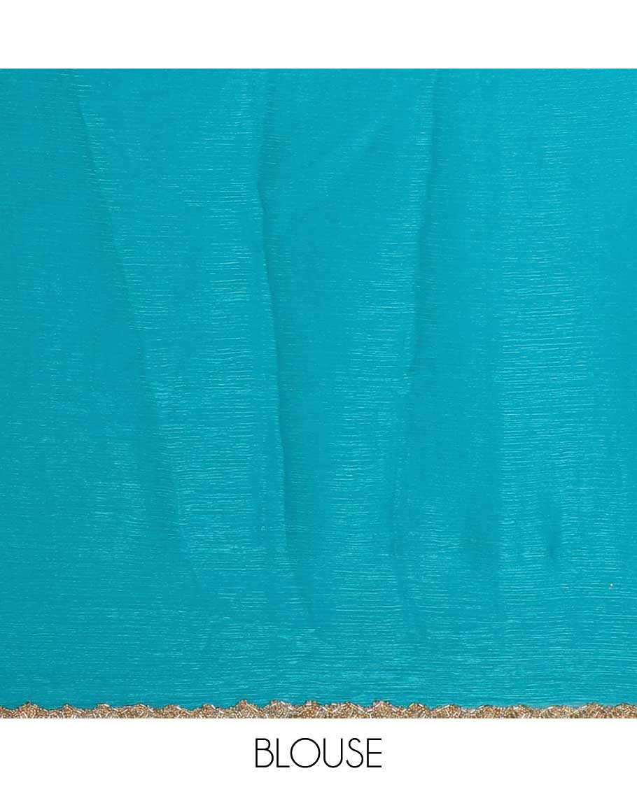 Rama blue fendy chiffon saree with hand work border & self pallu along with hand work blouse