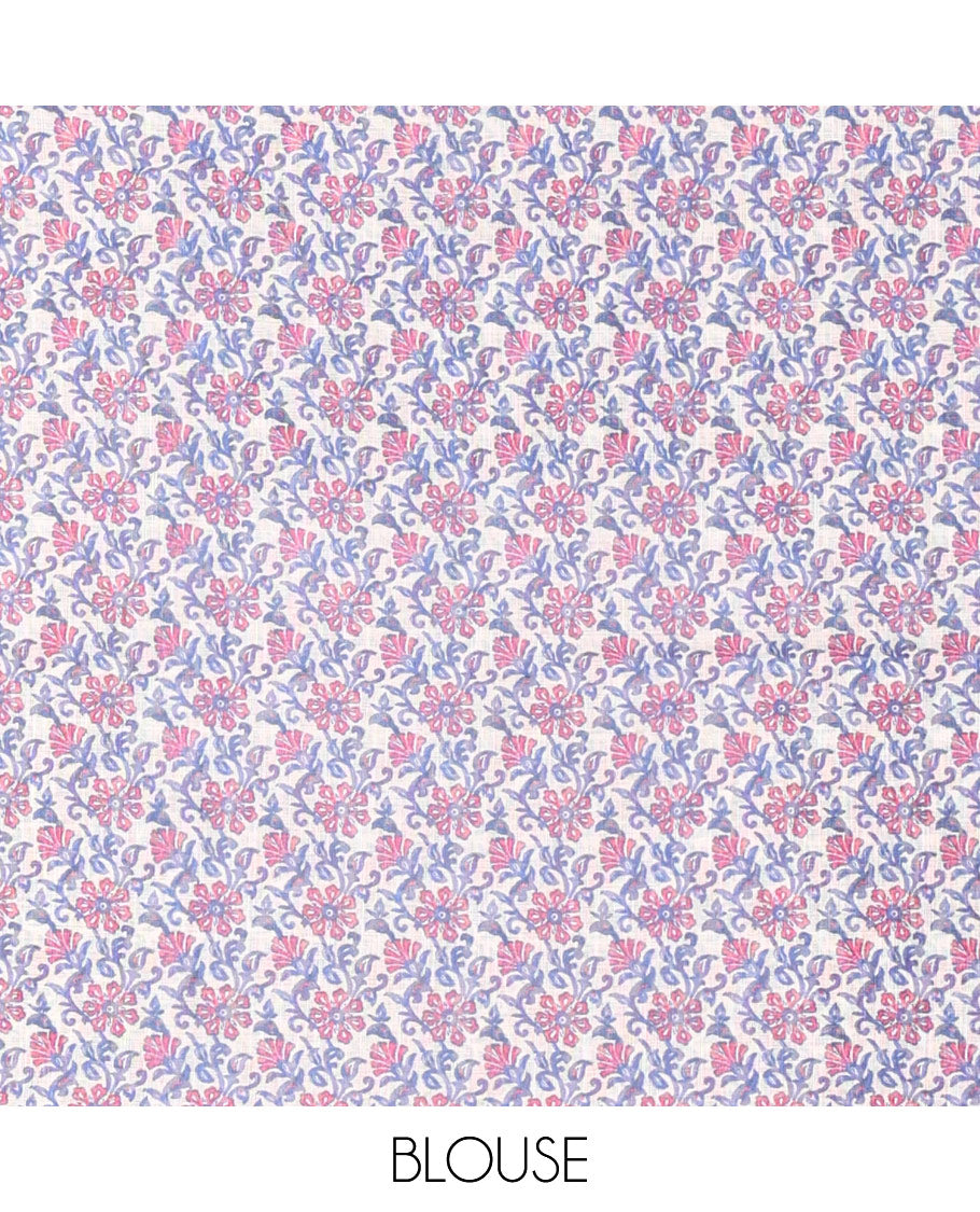 Borderless Pink Linen Cotton Saree, Accentuated with Shibori Printed on Its Body, Complemented by Contrast Floral Printed Pallu, and Paired with a Contrast Floral Printed Blouse