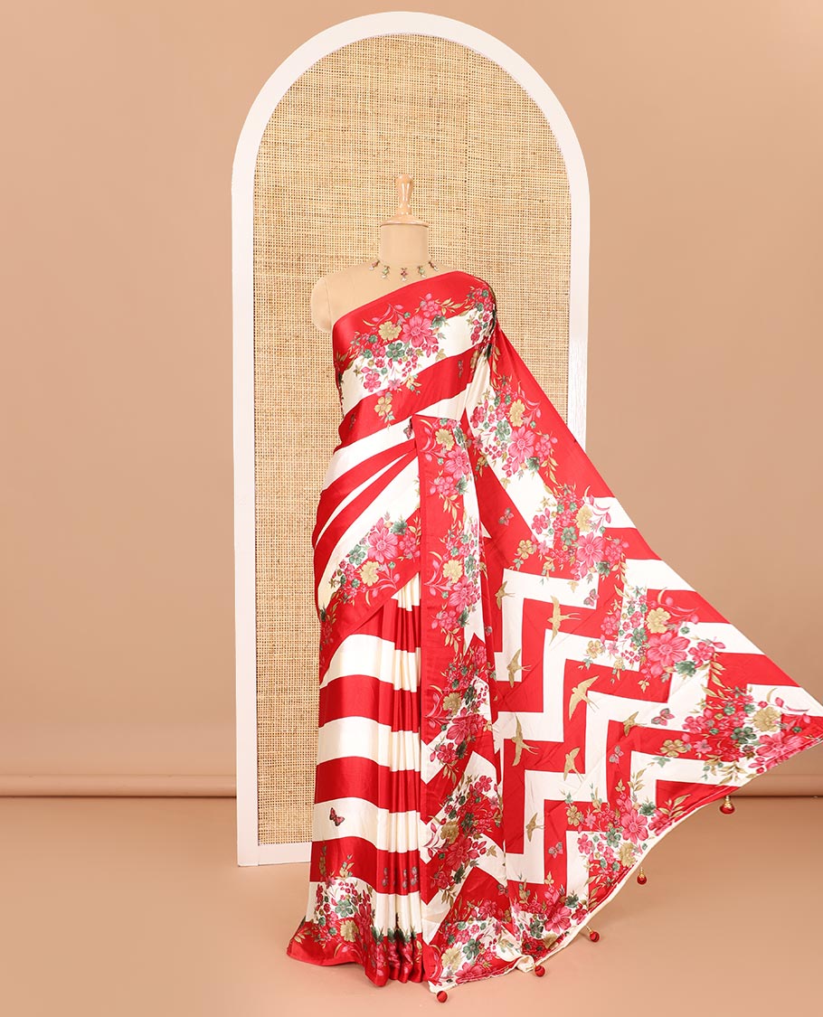 Borderless red horizontal stripes, and flora-butterflies printed satin crepe saree, self-pallu of floral, butterflies and bird print, and printed pallu