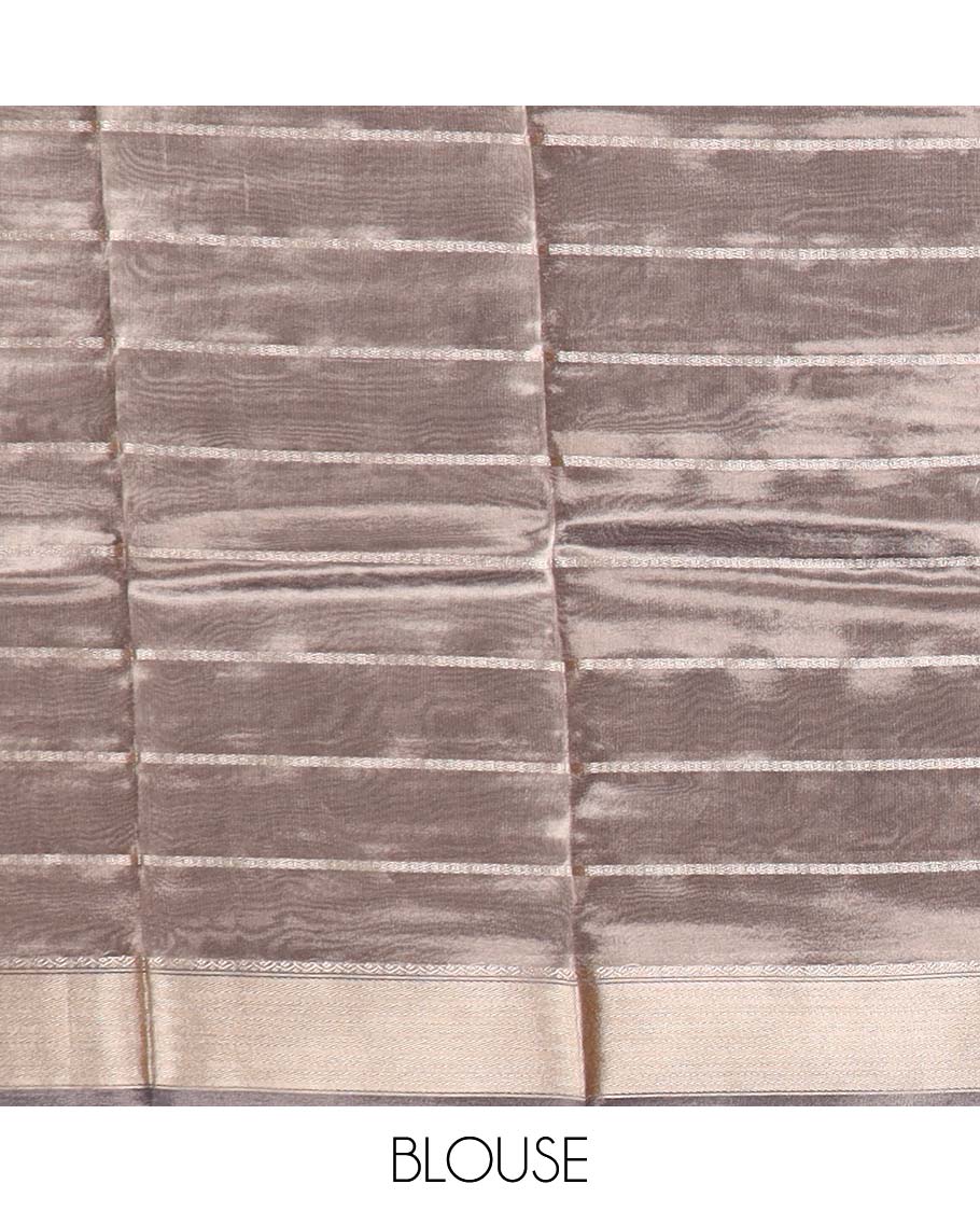 Grey striped semi-banaras tissue saree, plain border & striped pallu 