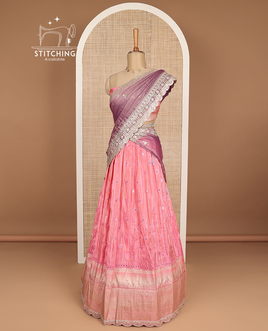 Pink floral embroidery, mirror work half saree with zari design blouse & floral embroidery dhavani