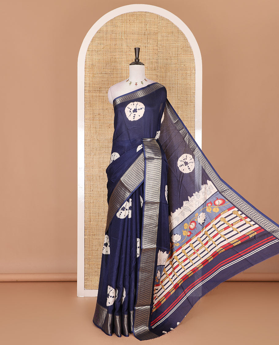 Navy blue shibori printed dola silk saree, traditional zari border, printed pallu, and blouse of print, and zari work