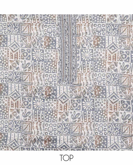 Cream chudidhar material set abstract printed top with thread embroidery bottom & floral design dupatta
