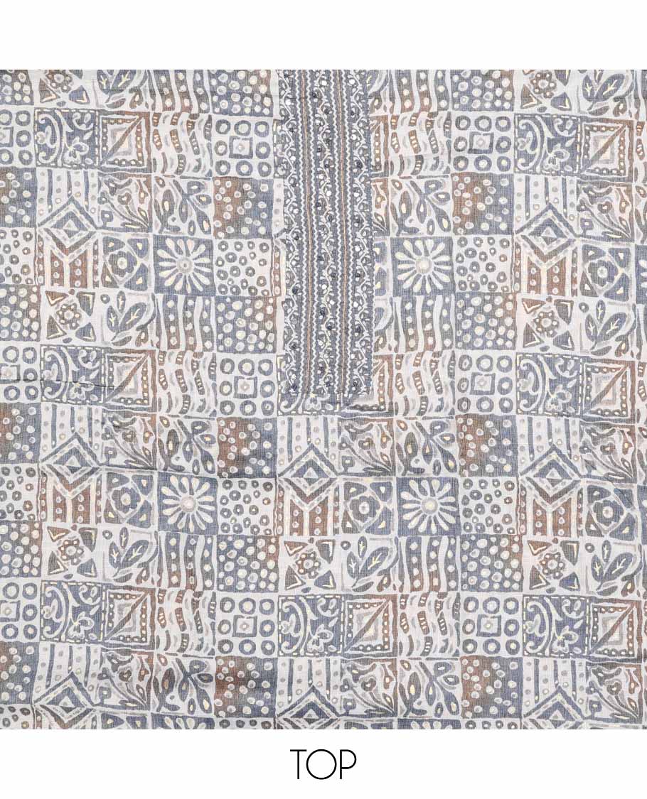 Cream chudidhar material set abstract printed top with thread embroidery bottom & floral design dupatta