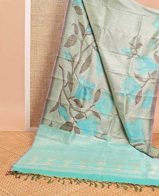 Mint green striped, floral design kanchipuram designer silk saree with contrast temple border & floral zari design pallu