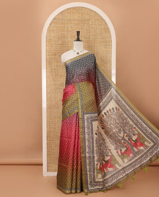 Multi-color ombre-style dyed bandhani dots print checked khadi tussar saree,piping printed border,flora-fauna printed pallu & contrast printed blouse