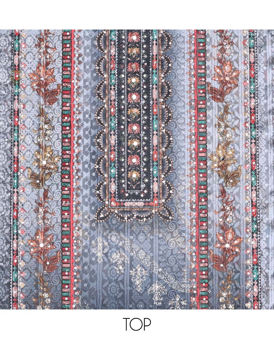 Grey chudidhar material set floral embroidery with mirror work , plain bottom & dupatta with floral print , embroidery