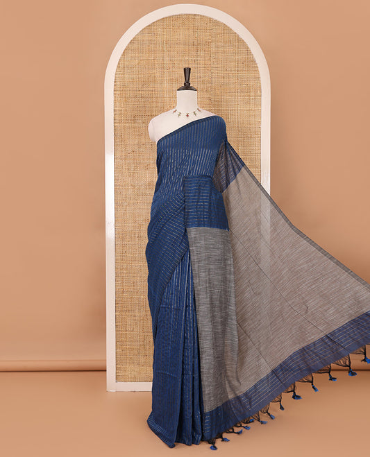 Borderless blue vertical striped khadi cotton saree, contrast grey plain pallu & matching plain blouse