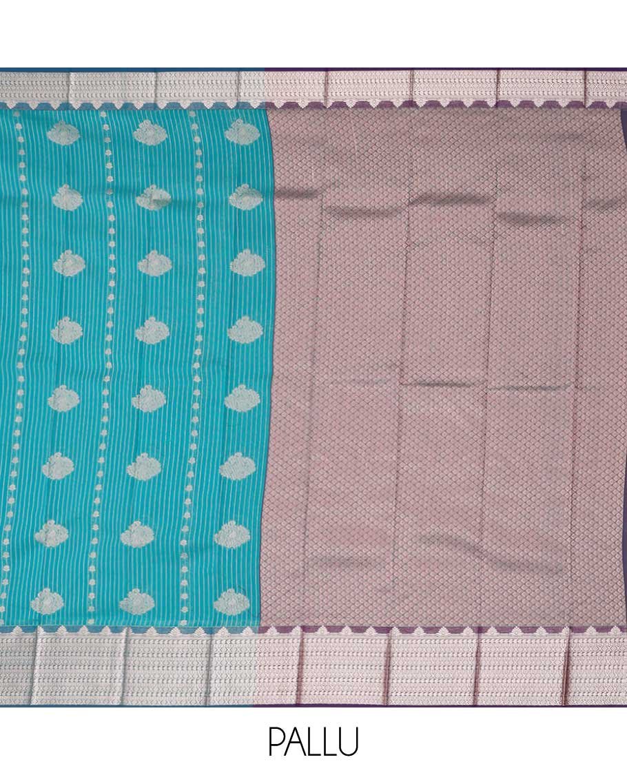 Blue checked, leaf design kora cotton saree with contrast zari design border & argyle design pallu