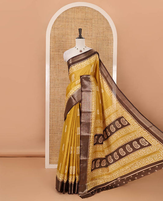 Mustard zari striped & batik paisley-floral printed dola silksaree,contrast zari border,batik paisley print pallu & blouse of print & zari work