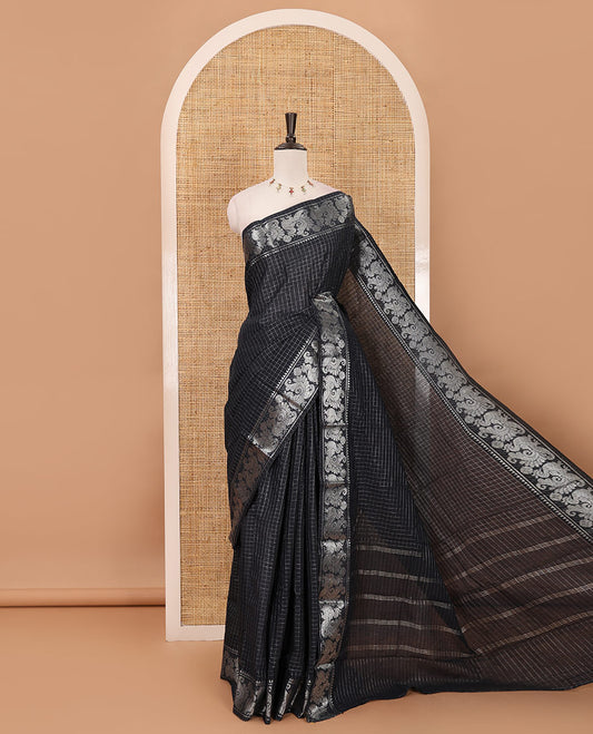 Black zari checked Sungudi cotton saree, zari annam motifs woven border, zari striped pallu & contrast zari checked blouse
