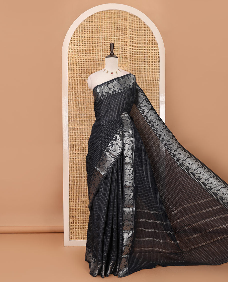 Black zari checked Sungudi cotton saree, zari annam motifs woven border, zari striped pallu & contrast zari checked blouse