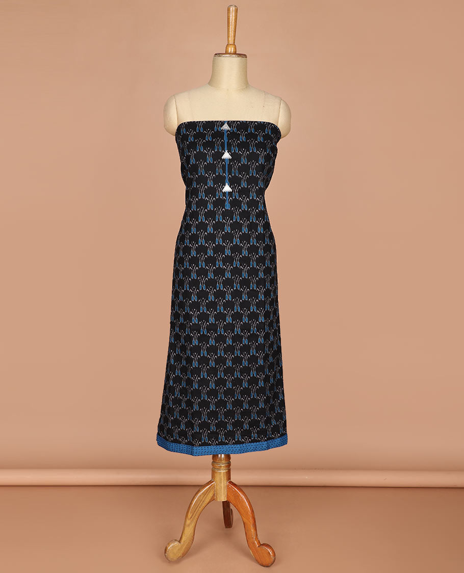 Black with blue ikkat print fancy neck, katha work flex cotton chudidhar material top with cotton pants & negative print dupatta