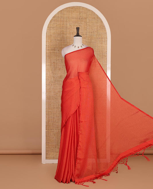 Borderless red plain design viscose saree, flower motifs printed matching blouse