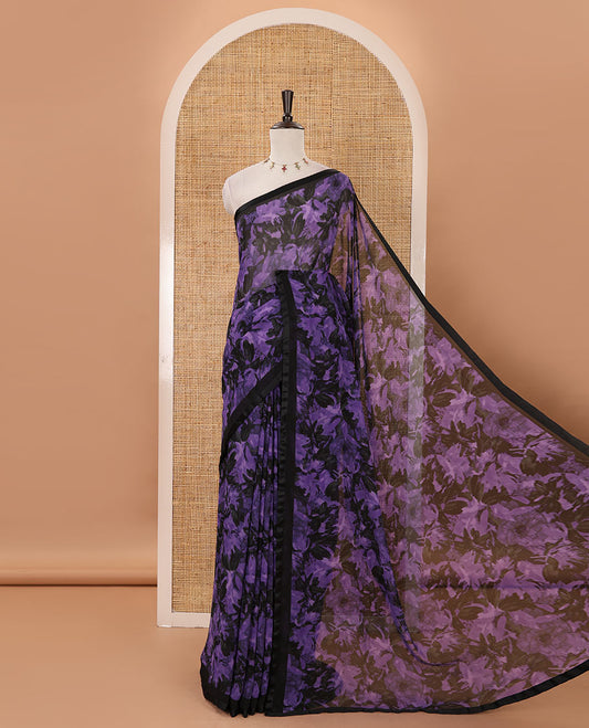 Black-violet floral digital printed georgette saree, satin lace plain border & black plain blouse